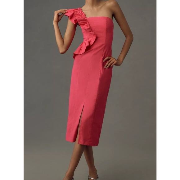Anthropologie One-Shoulder Ruffle Linen Column Midi Pink Dress M - Picture 11 of 11
